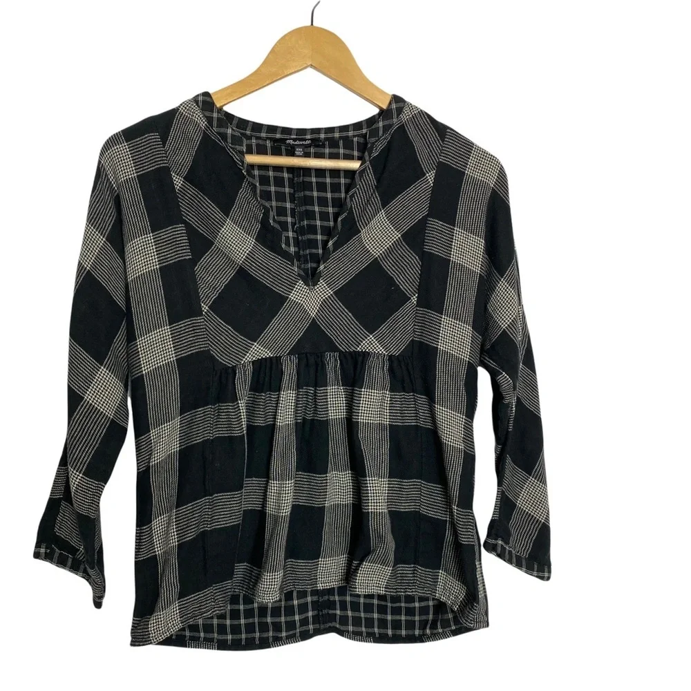 Madewell Boheme Popover Top Hayden Plaid Black White Size XXS - Picture 3 of 9
